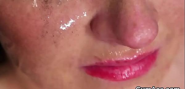  Horny honey gets cum shot on her face swallowing all the semen
